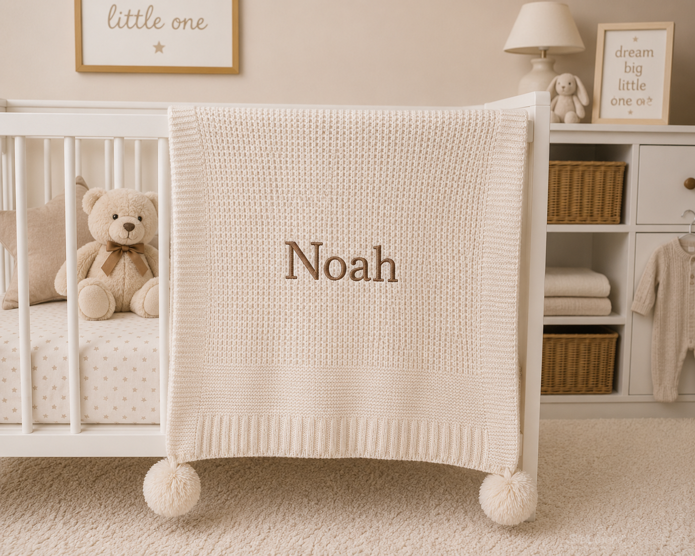 Beige baby blanket with 'Noah' embroidered, placed on a white crib in a nursery.