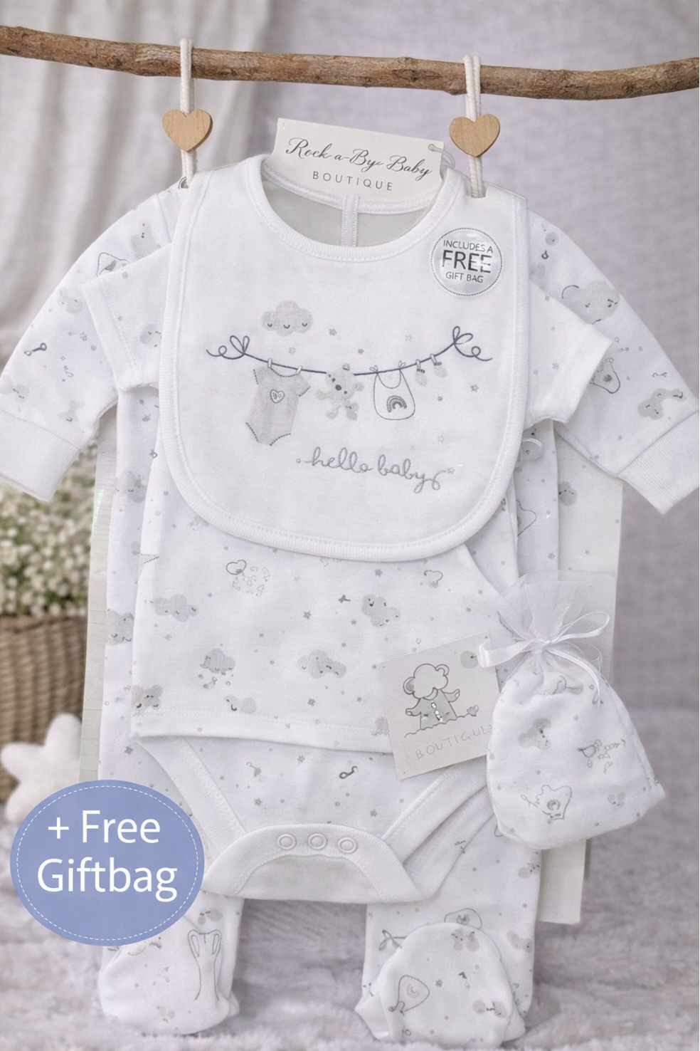 Unisex 5-Piece White “Hello Baby” Baby Set with Gift Bag