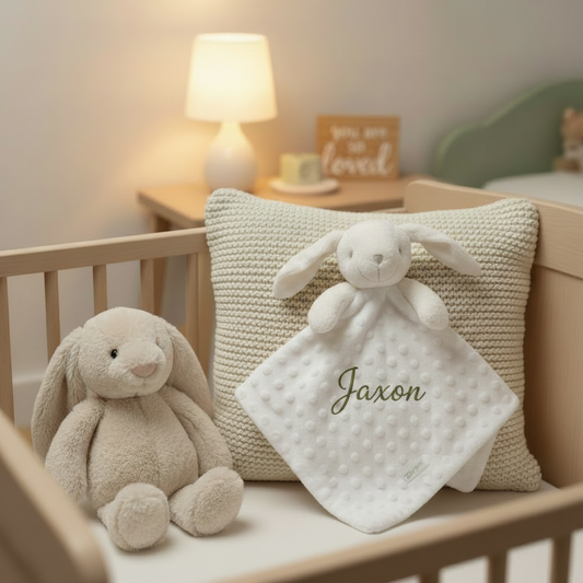 White Bunny Comforter - Jaxon - Olive Thread - Nursery Cot Mockup