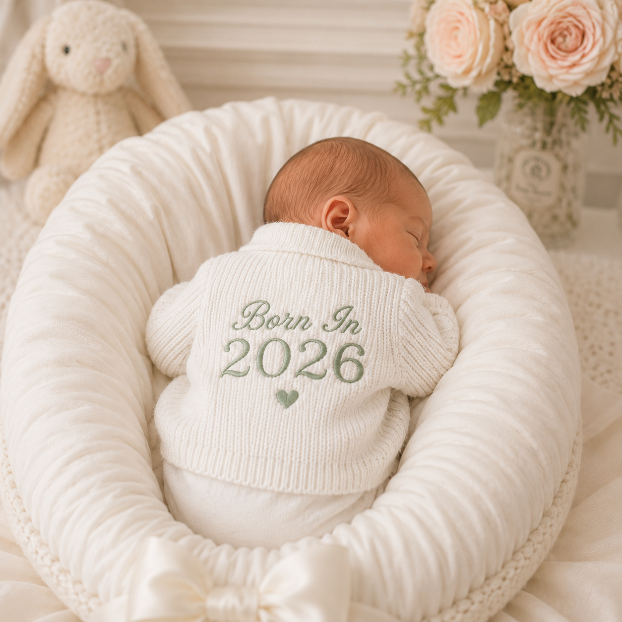Newborn baby in a white outfit with 'Born in 2026' text, surrounded by flowers and a plush toy.