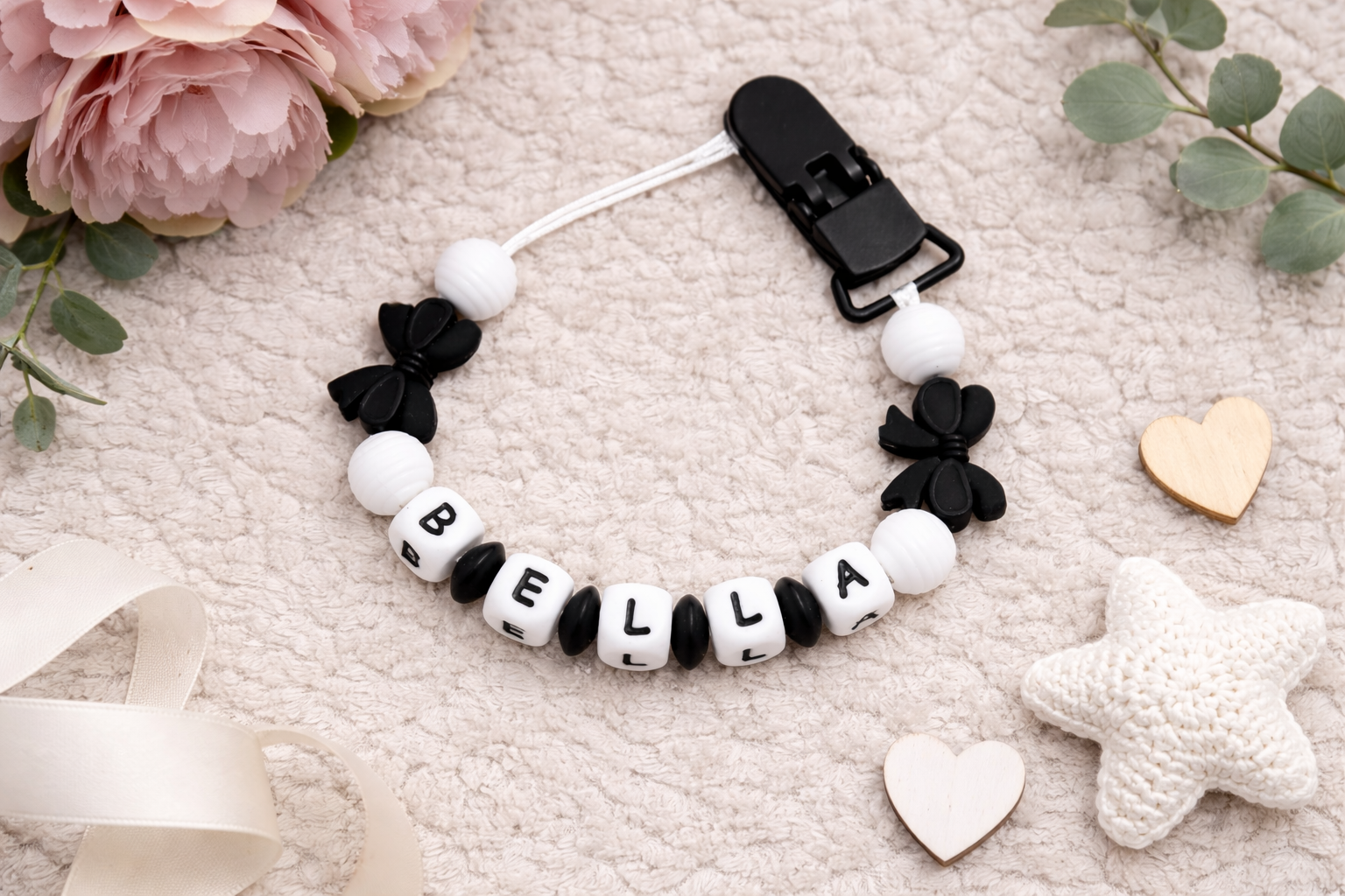 personalised dummy clip with black bows