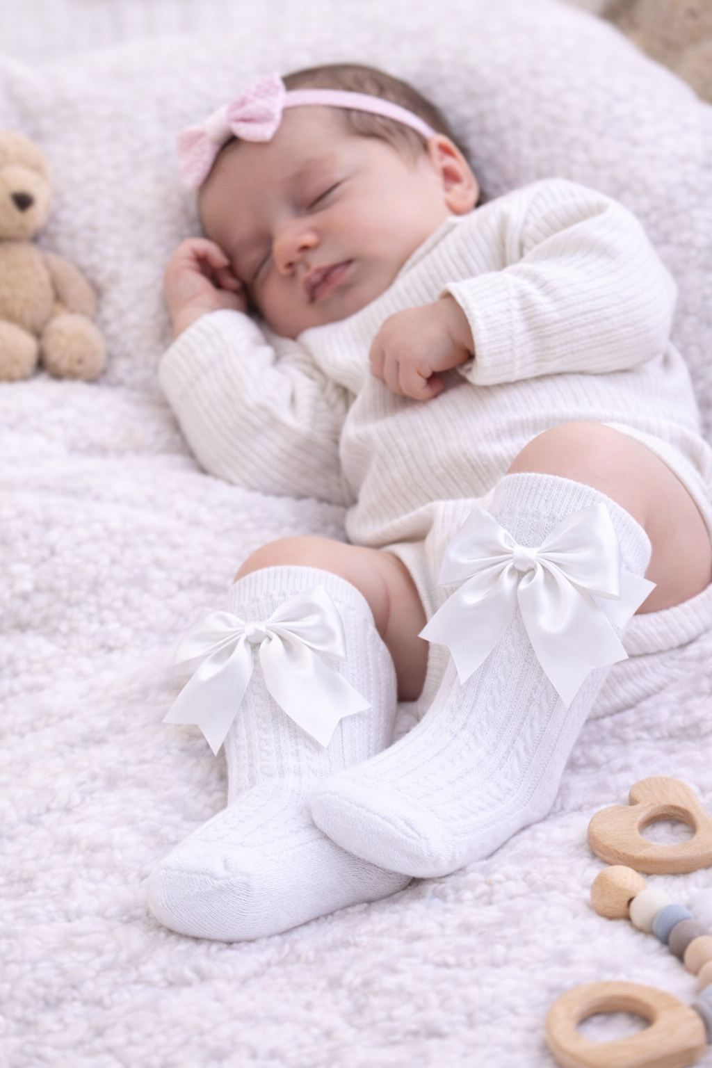 Sleeping newborn baby girl wearing white knee-high socks with satin bows, lying on a soft white blanket with wooden baby toys nearby.