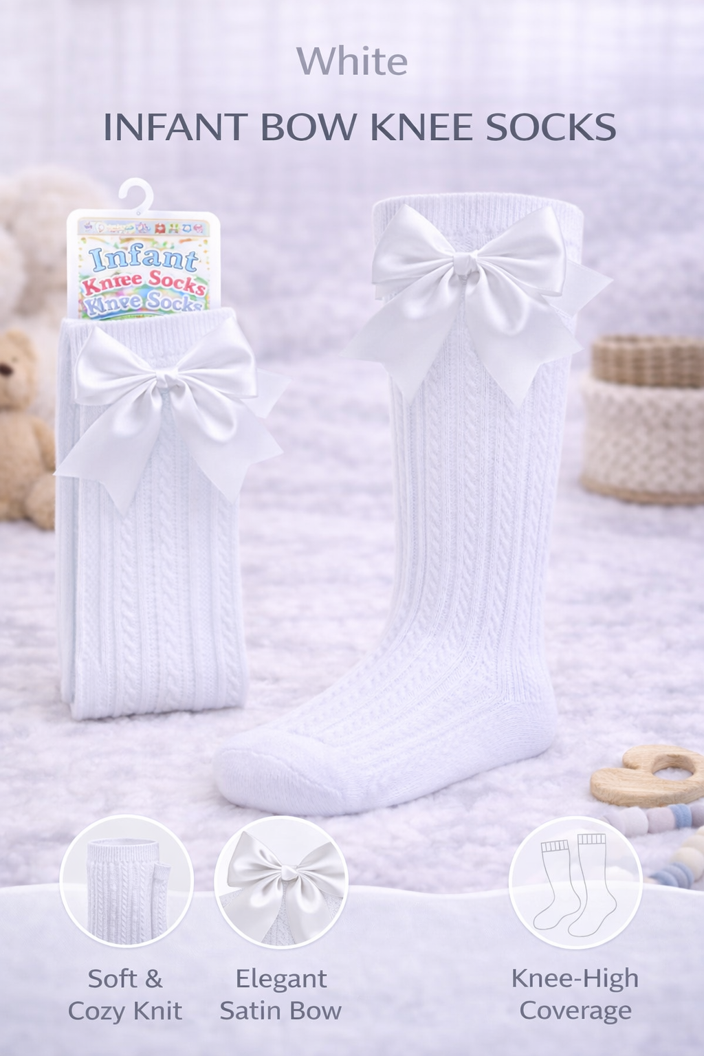 Newborn baby girl asleep in a white ribbed onesie, wearing white knit knee-high socks with satin bows on a plush neutral blanket.