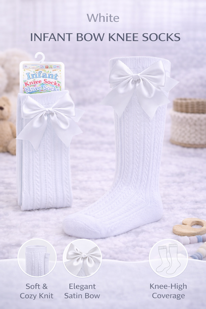 Newborn baby girl asleep in a white ribbed onesie, wearing white knit knee-high socks with satin bows on a plush neutral blanket.