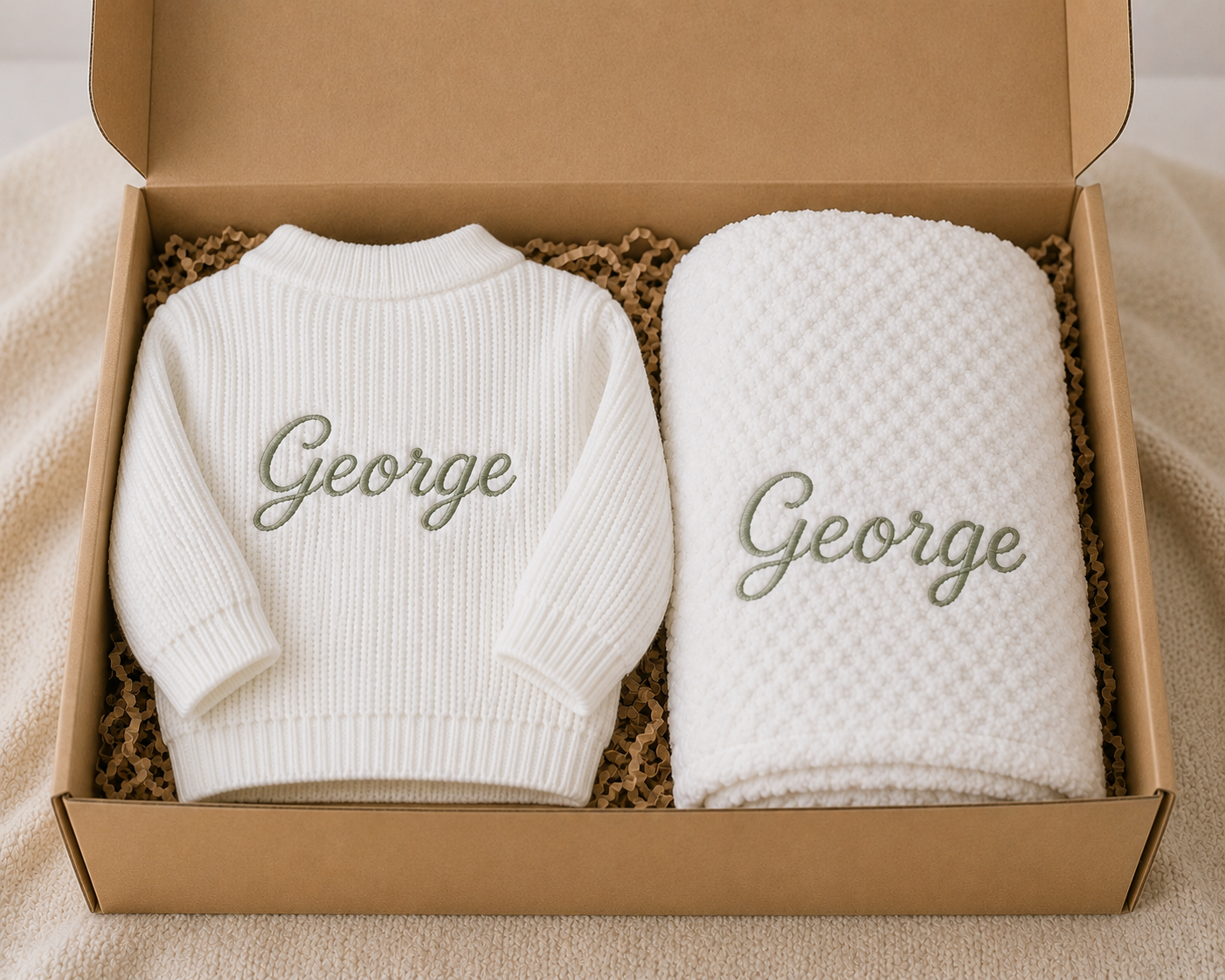 personalised white baby box with cardigan and blanket