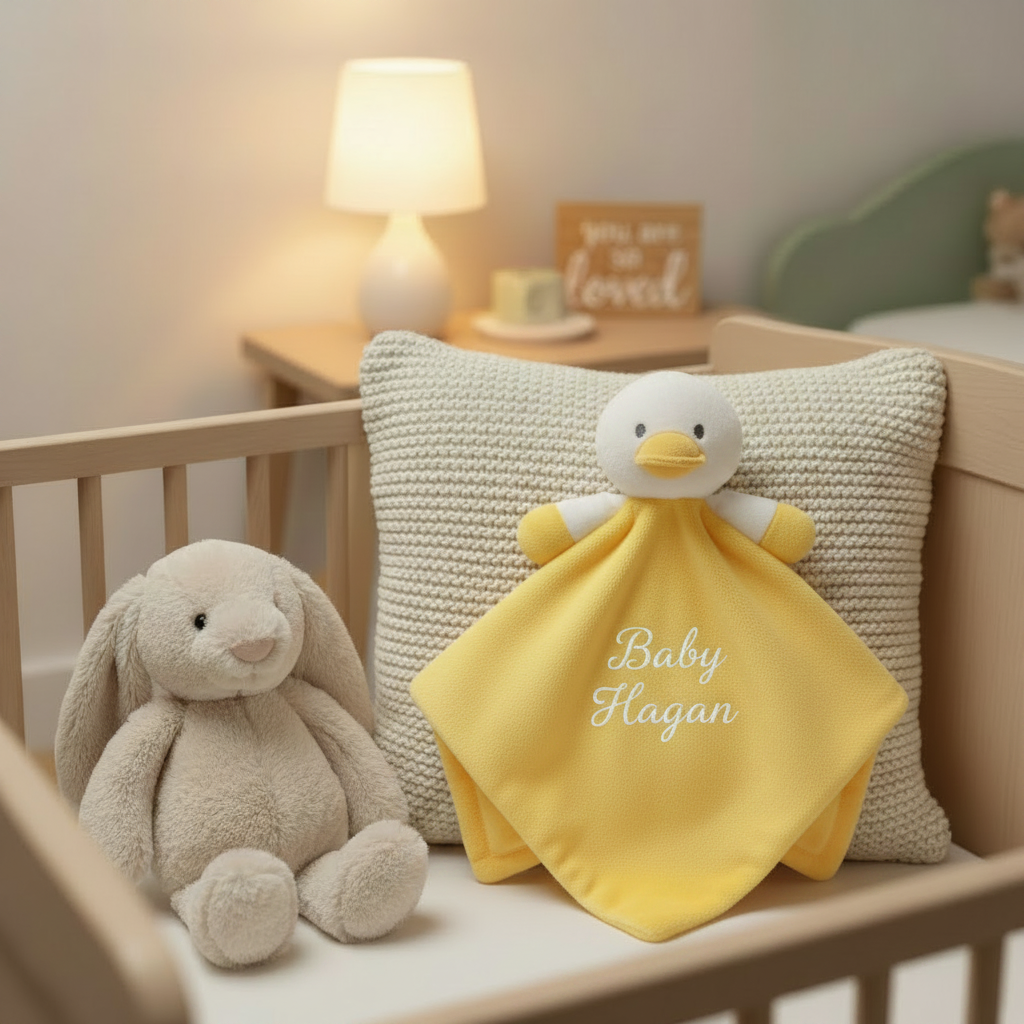 Yellow Duck Comforter - Baby Hagan - White Thread - Nursery Cot Mockup