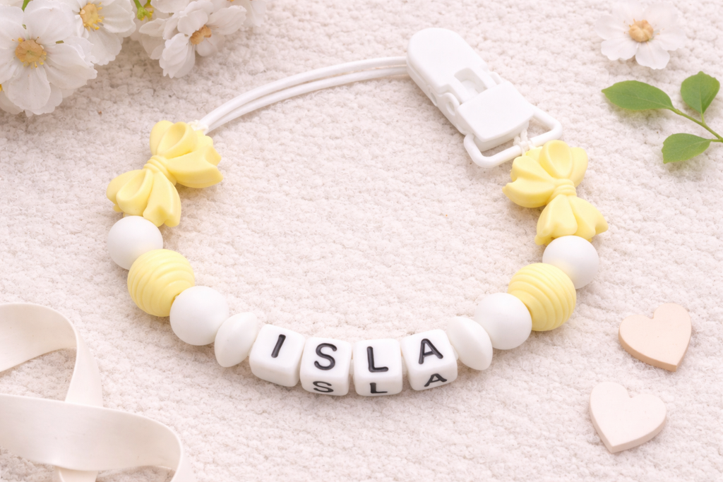 Personalised yellow and white silicone dummy clip