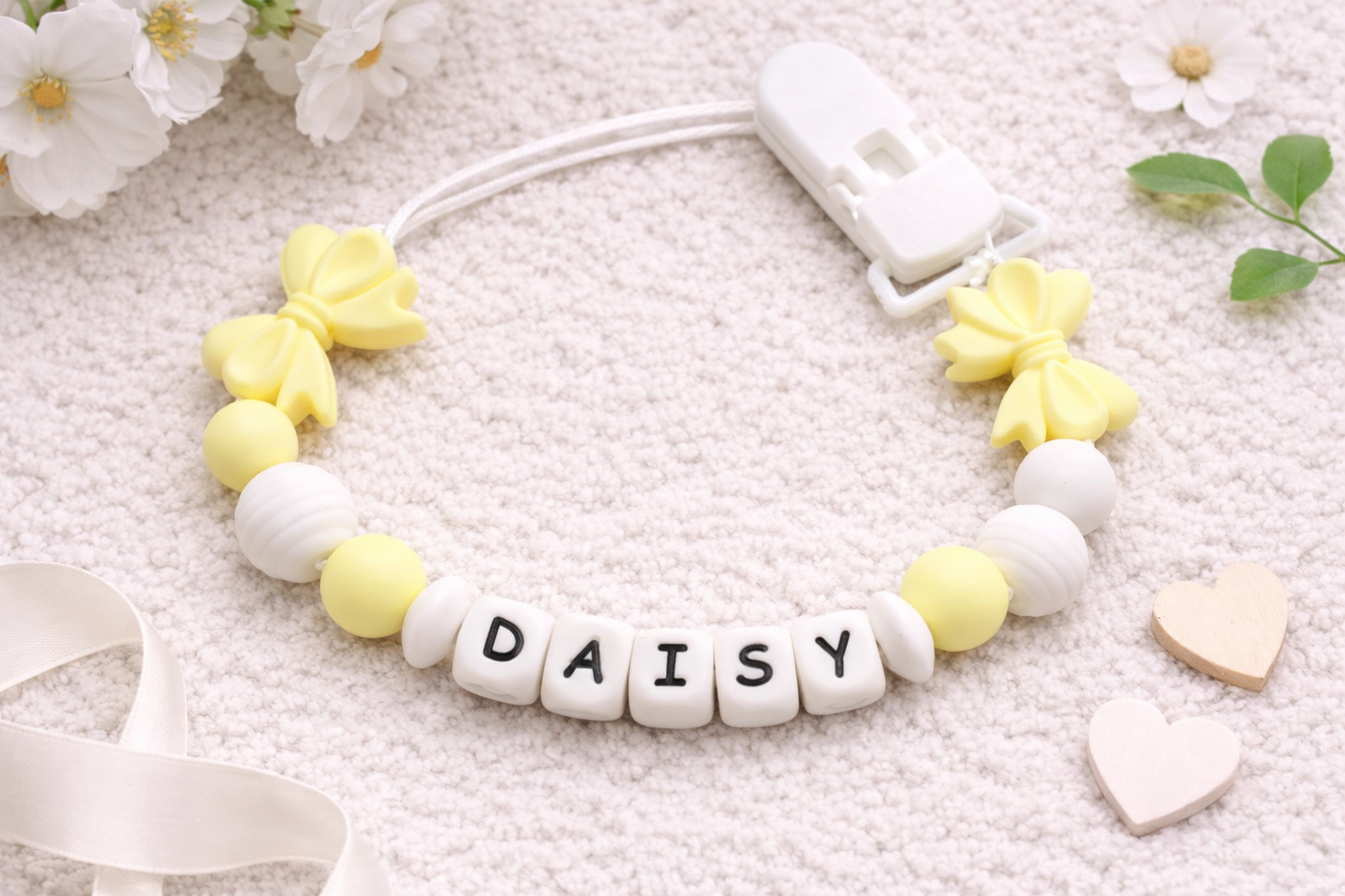customised baby dummy clip yellow and white bows