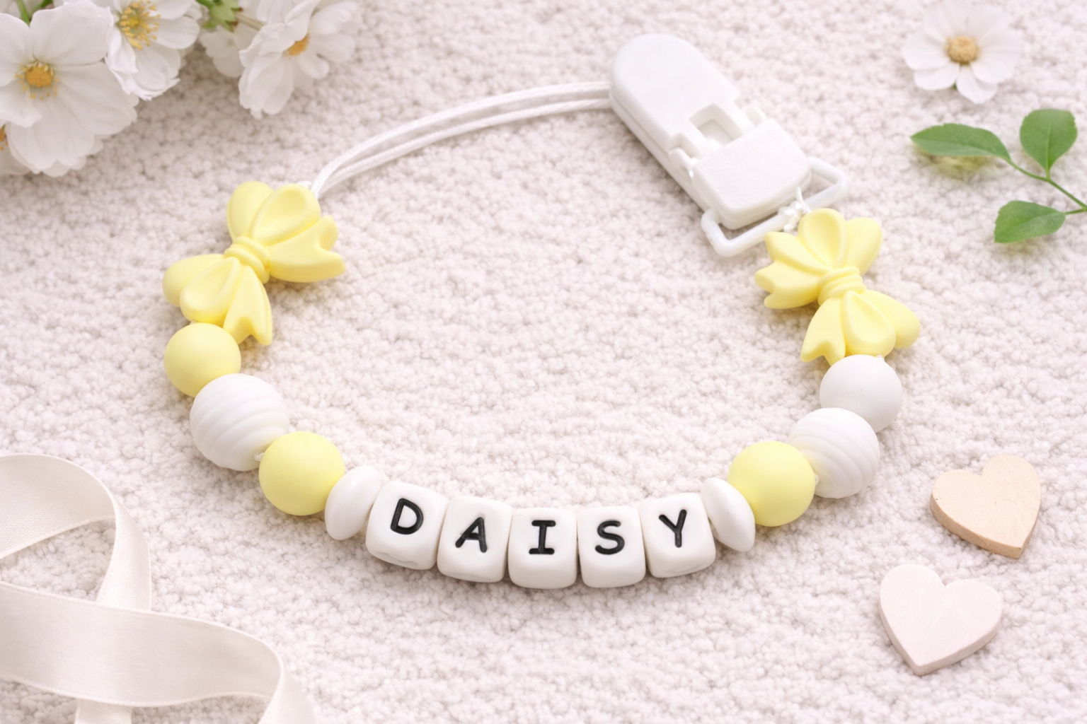 customised baby dummy clip yellow and white bows