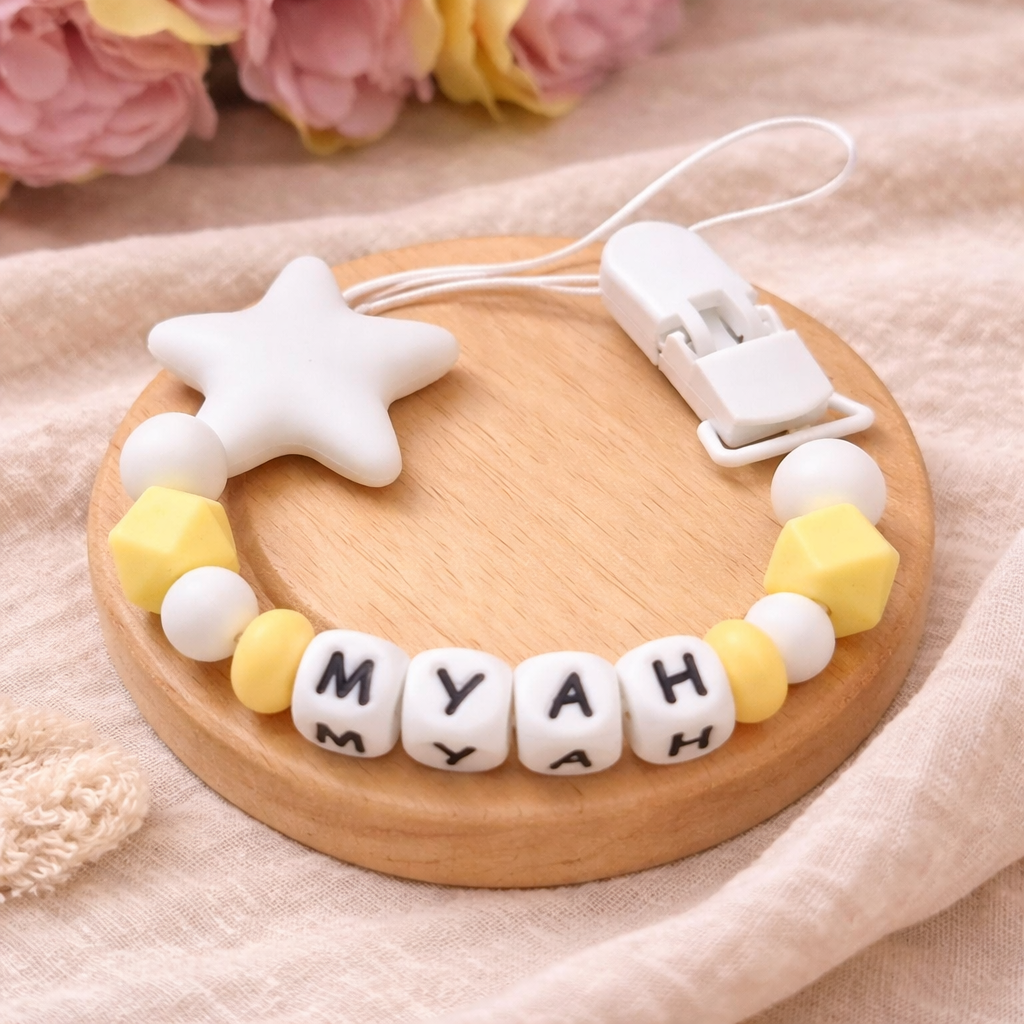 Personalised Yellow Star Dummy Clip (Silicone Letter Design)