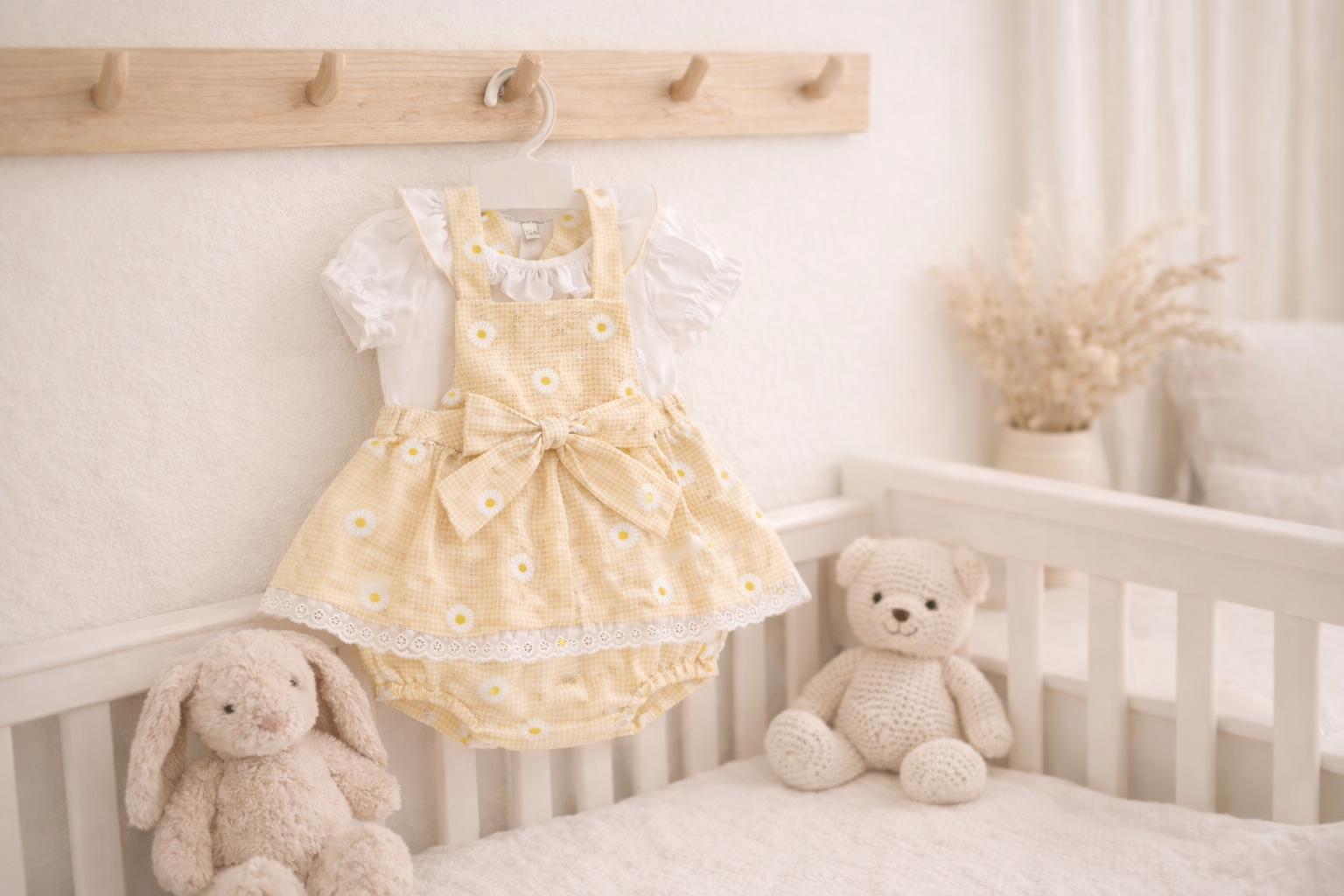 Baby Girls Gingham Dungaree Dress Set with Lace and Bow